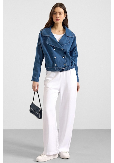 Olcay Kolu Boncuk İşlemeli Astarsız Denim Ceket Mavi 8283