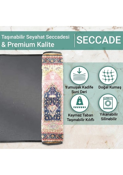Ravabi Rug Araç İçi Ve İşyeri İçin Deri Tabanlı Namazlık, Çantalı Hediyelik Seyahat Seccadesi 70x110cm 21231016