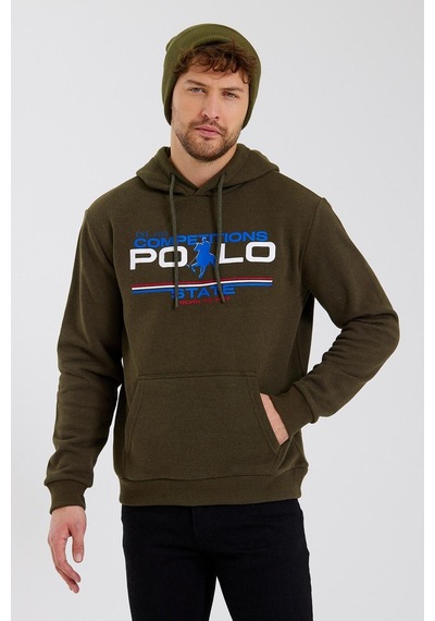 Polostate Erkek Kapüşonlu Baskılı 3 İplik Sweatshirt Haki