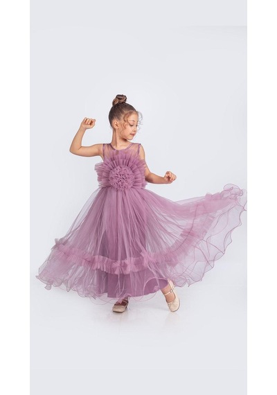 Mnk Baby & Kids Uzun Etekli , Askılı Kız Cocuk Gül Motif Abiye Elbise M00670 MÜRDÜM
