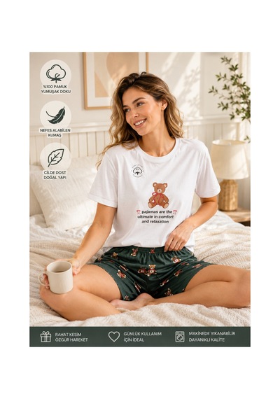 Uğur Bebe Mihra %100 Pamuk Kadın Şortlu Pijama Takımı Ayıcık Baskılı Kısa Kollu Yazlık Rahat Ev Giyim Beyaz Beyaz