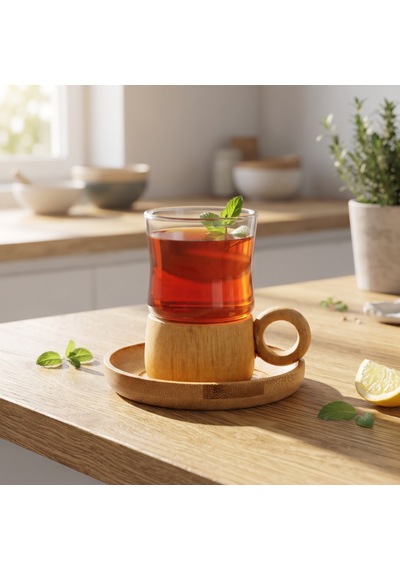 12 Parça Çay Seti - Bambu Bardak Altığı - Çift Cidarlı Cam - 150 Ml Diğer