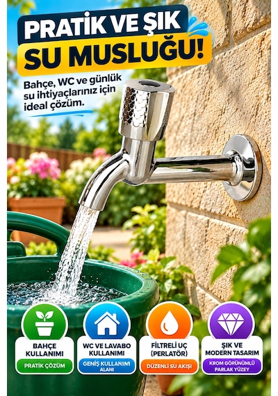 Desenli Krom Uzun Musluk Aç Kapa Başlıklı Bahçe Wc Lavabo Balkon Teras Duvar Tipi Su Musluğu