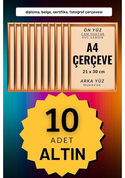 Altın-10 Adet A4 Çerçeve Diploma Belge Sertifika Fotoğraf Resim Çerçevesi Pvc 10lu Altın