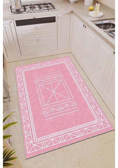 Pembe Kaymaz Taban Yıkanan Etnik Desenli Mutfak Halısı Ar503n11