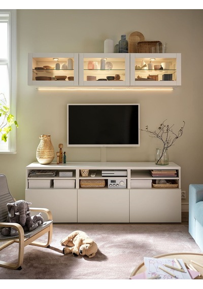 Tv Ünitesi, Beyaz-şeffaf Cam, 180x42x192 Cm, Lappvıken/sındvık, Fren Raylı Beyaz Tv Ünitesi, Beyaz-şeffaf Cam, 180x42x192 Cm, Lappvıken/sındvık, Fren Raylı Beyaz