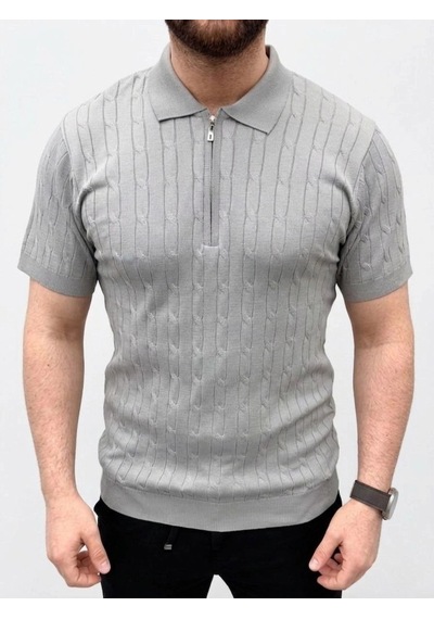 Erkek Yazlık Triko Saç Örgü Tişört Kısa Kol Polo Yaka Fermuarlı T-shirt - Gri