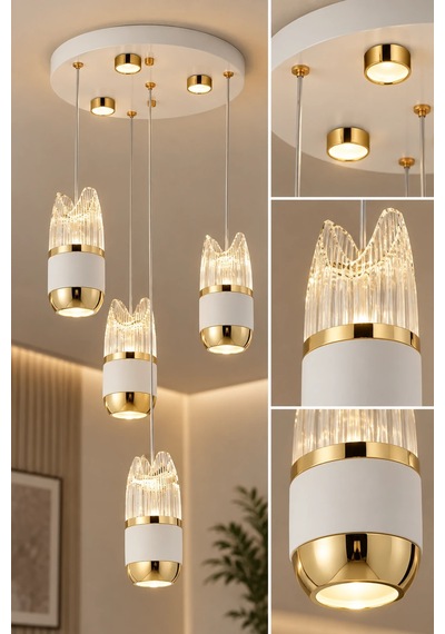 Modern Premium Gold 4'lü Sarkıt Avize Beyaz Gold Lüks Tasarım Avize 49w Led 3000k