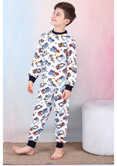 Modanino Erkek Çocuk İş Makineleri Baskılı Pijama Takımı 1-7 Yaş 12291 Beyaz