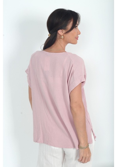 By Saygı Kadın İtalyan Cotton V Yaka Örgü Dantel Tek Cepli Oversize Keten Bluz Pudra