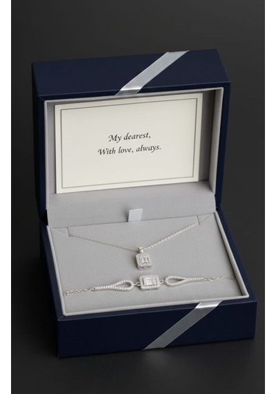 925 Ayar Papatya Silver Baget Taşlı Kolye Bileklik Set.rose.gold.rodaj Gümüş