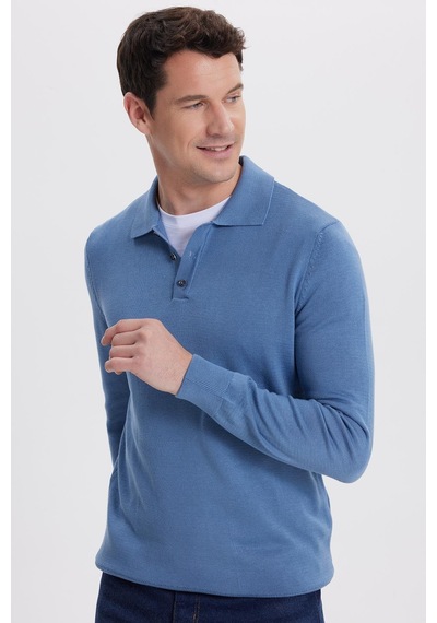 Tudors Erkek Standart Fit Normal Kesim Pamuklu Polo Yaka İndigo Kazak-41881 Indigo