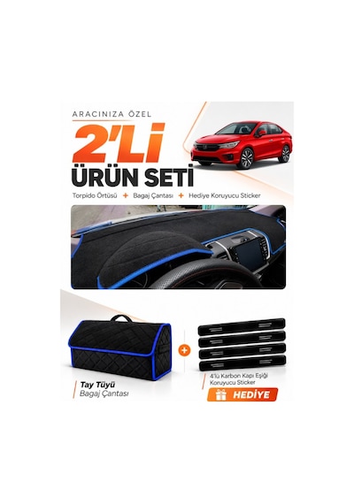 Honda Cıty 2020-2024 Uyumlu Torpido Örtüsü + Tay Tüyü Bagaj Çantası + Sticker Seti - Siyah Mavi