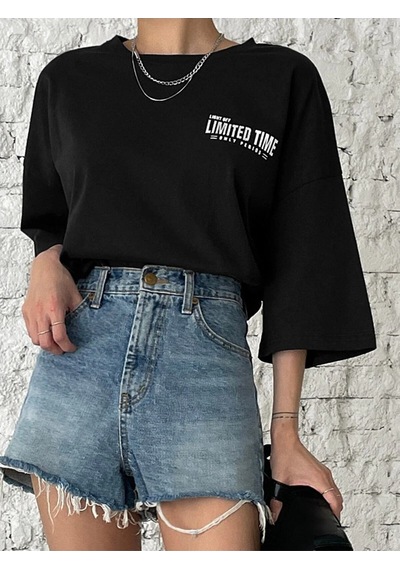 Flood Of Style Kadın Siyah Oversize Limited Time Baskılı Tshirt