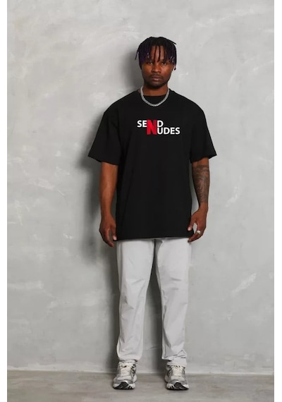 Yake Store Unisex Bisiklet Yaka Double Oversize Baskılı T-shirt - Siyah - Siyah