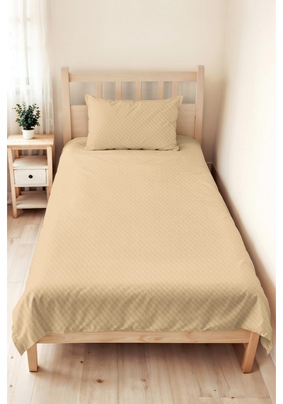 Bej Minimal Genç Odası Tek Kişilik Pike Takımı - Krem Geometrik 160x220 Cm Kapitone Yatak Örtüsü Puslu Papatya Harmonu