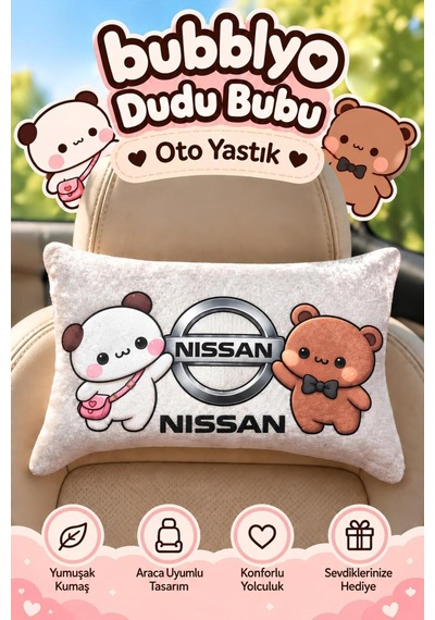Bubblyo Nissan Temalı Dekoratif Oto Yastığı Sevimli Çift Tasarım Beyaz Beyaz