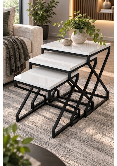 Sulorahome Modern Zigon Sehpa Seti Beyaz Ve Siyah Metal Ayaklı Beyaz Siyah Beyaz Renk- Siyah Metal Ayak