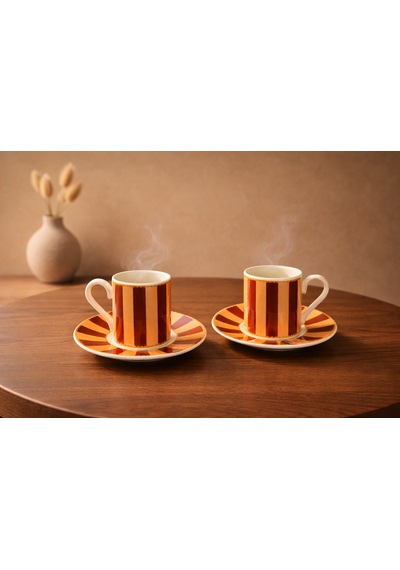 2 Kişilik Porselen Yaldızlı Lovely Birds Özel Tasarım Kuşlu Kahve Fincan Takımı Seti 90ml Açık Kahve