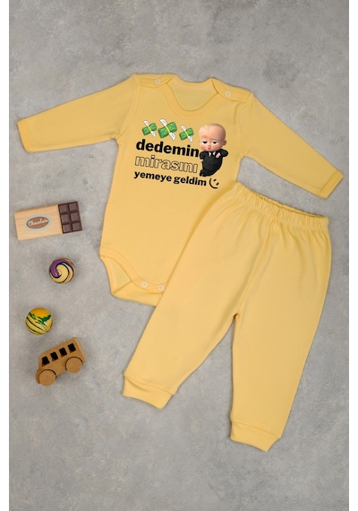 Bebetospik %100 Pamuklu Dedemin Mirasını Yemeye Geldim Baskılı Kız - Erkek Bebek & Çocuk Takım Sari