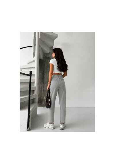 Kene Jeans Gri Kar Bacak Taşlı Mom Jeans Gri Kar
