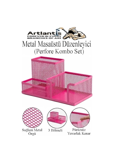 Masaüstü Metal Kalemlik Seti 3 Lü Kombo 1 Paket Fileli Perfore Renkli Kalemlik Kağıtlık Küpnotluk Düzenleyici Pembe
