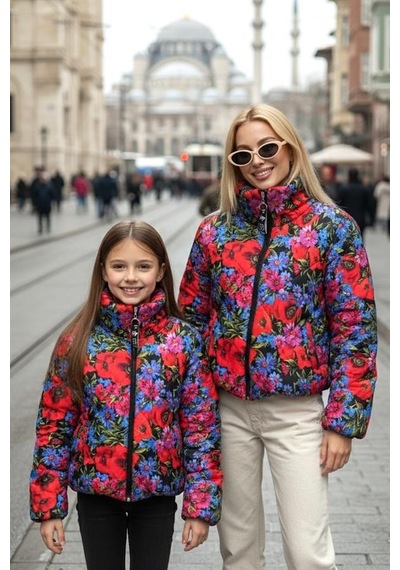 Veraura Lifestyle Kız Çocuk Mavi Dik Yaka Çiçekli Şişme Mont