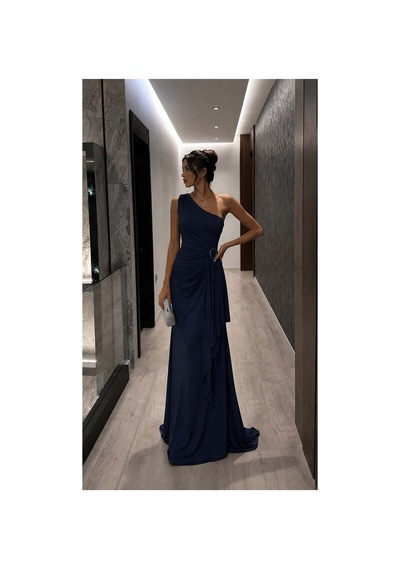 DefyModa Kadın Modern Stil Tek Omuz Kemerli Maxi Abiye Elbise Lacivert