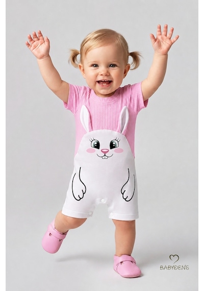 Babyden's Tavşan Figürlü Kız Bebek Şortlu Tulum %100 Pamuk Yazlık Tulum Günlük Bebek Tulumu 0-9 Ay Pembe