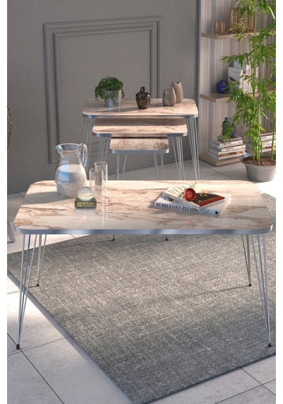 Zigon Sehpa Kr Ve Orta Sehpa Kr Set Gümüş Tel Beyaz Mermer Desen