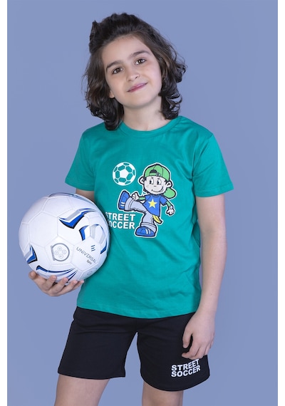Toontoy Erkek Çocuk 2'li Takım Baskılı Bisiklet Yaka Tişört & Beli Lastikli Cepli Şort Yeşil