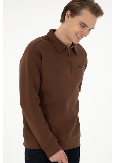 U.S. Polo Assn. Erkek Comfort Fit Yarım Fermuarlı Kahverengi Basic Sweatshirt 50298265-VR029
