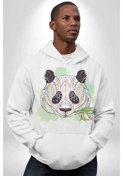 Panda Mandala Kadın Erkek Beyaz Kapüşonlu Sweatshirt Hoodie Beyaz