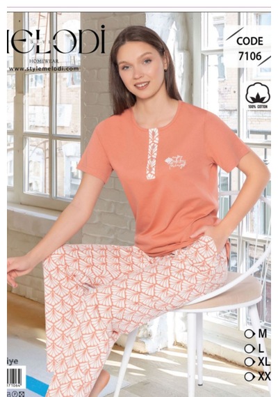 Melodi 7106 Kısa Kol %100 Pamuk Kadın Pijama Takımı V1 Somon