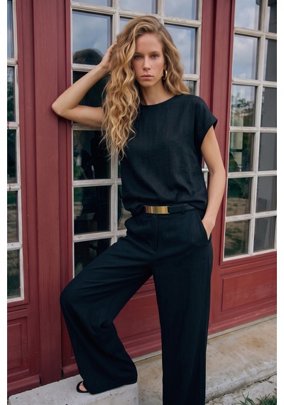 Sateen Kısa Kollu Bluz - Siyah-137674