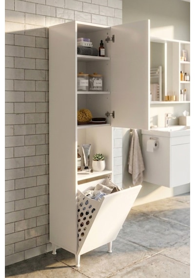 Çamaşır Sepetli Ayaklı Banyo Boy Dolabı, Çok Amaçlı Banyo Dolabı Beyaz