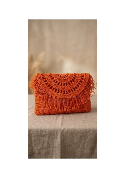 Trakyatrend Crunch Çanta El Yapımı Hasır Kağıt İp Püsküllü Clutch Turuncu