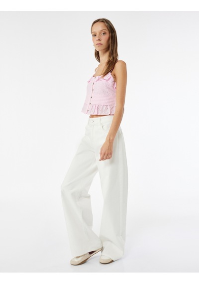 Koton Pamuklu Kolsuz Fırfırlı Yaka Düğmeli Brodeli Crop Bluz Pembe 5sal30039ıw Gül