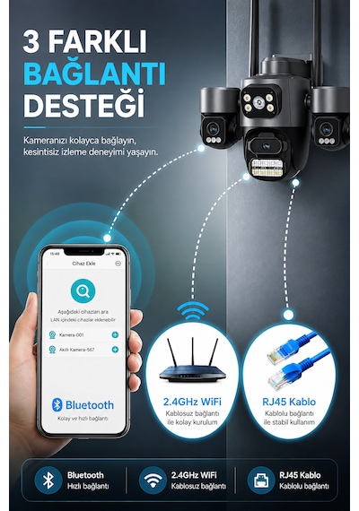 Viva Ics-331 3 Kameralı Akıllı Dış Mekan Ptz Wifi Güvenlik Kamerası 3mp Icsee Aı İnsan Takip Çift Yönlü Ses