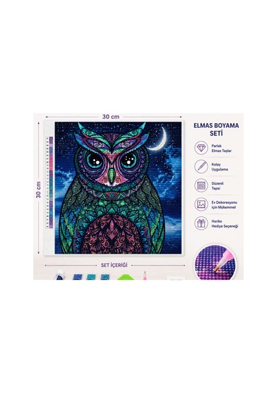 30x30 Cm Mandala Baykuş Elmas Boyama Seti Full Kare/yuvarlak Taşlı Dıy 5d Diamond Painting Kit