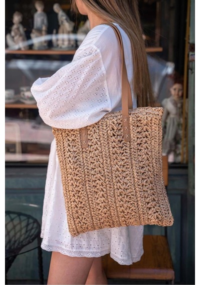 Deri Saplı Fermuarlı İç Cepli Kare Örgü Yazlık Sahil Plaj Beachwear Hasır Örgü İthal Çanta Camel