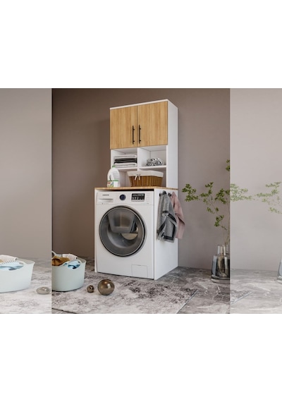 Bone 2 Kapaklı 7 Bölmeli Çamaşır Makinası Dolabı Beyaz
