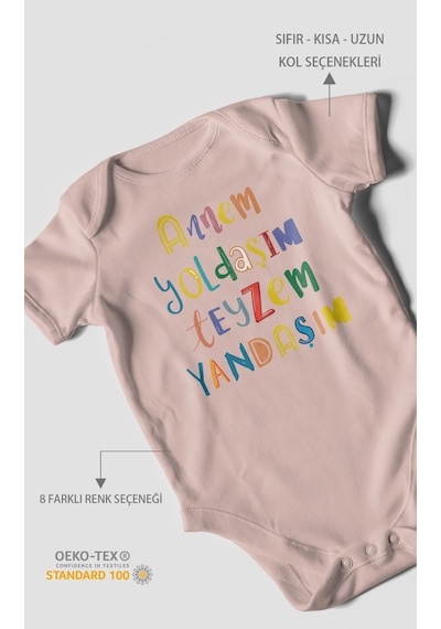 Annem Yoldaşım Teyzem Yandaşım Baskılı Bebek Zıbını Çıtçıtlı Body %100 Pamuk Kısa Kol Pastel Pembe