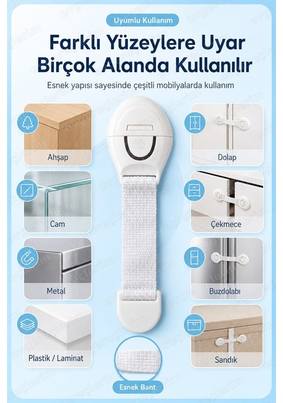 Bebek Çocuk Güvenlik Emniyet Kilidi 4 Adet Dolap ve Çekmece Kilidi Beyaz