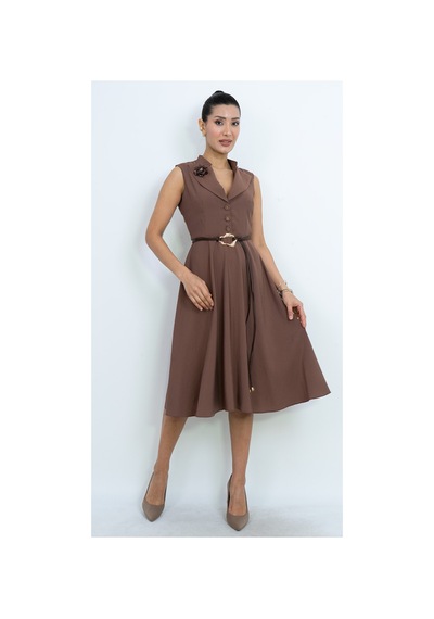 Dorne Moda Çiçek Aksesuarlı Kruvaze Yaka Kemerli Midi Elbise - Düğün - Mezuniyet - Ofis Şıklığı Kahverengi Kahverengi Dorne Moda Çiçek Aksesuarlı Kruvaze Yaka Kemerli Midi Elbise - Düğün - Mezuniyet - Ofis Şıklığı Kahverengi Kahverengi