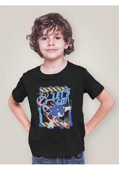Sevbano Sonic Lets Go Baskılı Unisex Çizgi Film Çocuk Tişört 1-12 Yaş SIYAH