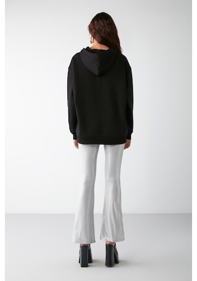 Grımelange Alena Kadın Basic Kanguru Cepli Oversize Organik Pamuk Fermuarlı Kapüşonlu Siyah Sweatshirt