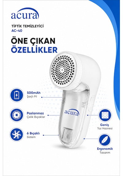 Acura Ac-40 6 Bıçaklı Şarjlı Tüy Ve Tiftik Temizleyici Beyaz