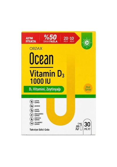 Ocean Vitamin D3 Sprey 1000 Iu 20 Ml + 10 Ml - %50 Daha Fazla