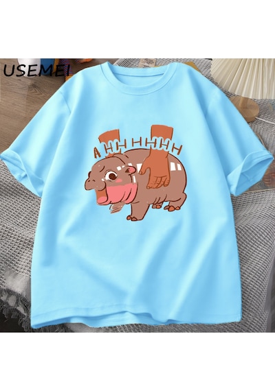 Flood Of Style Moo Deng Meme T Shirt Komik I Love Moo Deng Tee Hippo Sevgilisi T-shirt Pamuk Kısa Kol Mavi